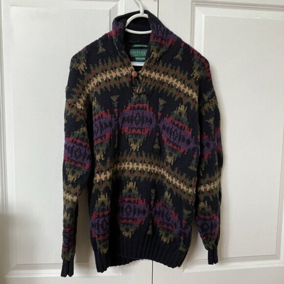 Vintage Britches Sweater Mens L Shawl Collar Southwestern Hand Knit Grandpa - Picture 1 of 8